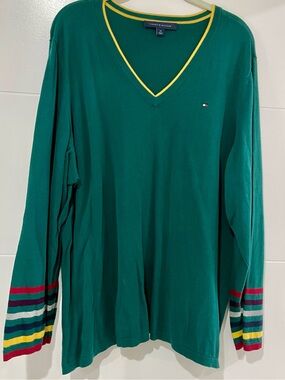 Tommy Hilfiger Women's Green V-Neck Long Sleeve Sweater with Stripe Cuffs